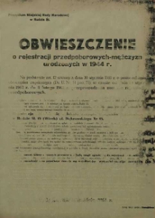 Obwieszczenie o rejestracji przedpoborowych - mężczyzn urodzonych w 1944 r.