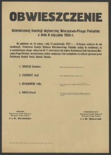 Obwieszczenie Dzielnicowej Komisji Wyborczej Warszawa-Praga Południe z dnia 8 stycznia 1958 r.