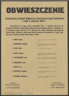 Obwieszczenie Dzielnicowej Komisji Wyborczej Warszawa-Praga Śródmieście z dnia 8 stycznia 1958 r.