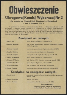 Obwieszczenie Okręgowej Komisji Wyborczej Nr 2 dla wyborów do Miejskiej Rady Narodowej w Mysłowicach z dnia 5 listopada 1954 r.