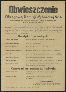 Obwieszczenie Okręgowej Komisji Wyborczej Nr 4 dla wyborów do Miejskiej Rady Narodowej w Mysłowicach z dnia 5 listopada 1954 r.
