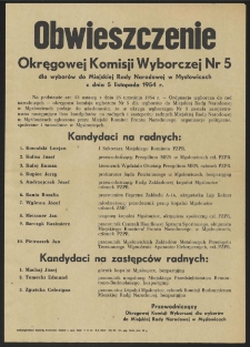 Obwieszczenie Okręgowej Komisji Wyborczej Nr 5 dla wyborów do Miejskiej Rady Narodowej w Mysłowicach z dnia 5 listopada 1954 r.