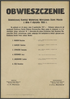 Obwieszczenie Dzielnicowej Komisji Wyborczej Warszawa-Stare Miasto z dnia 4 stycznia 1958 r.