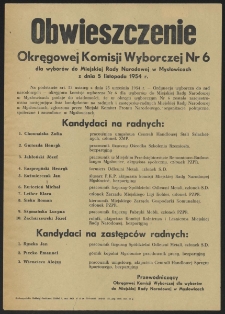 Obwieszczenie Okręgowej Komisji Wyborczej Nr 6 dla wyborów do Miejskiej Rady Narodowej w Mysłowicach z dnia 5 listopada 1954 r.