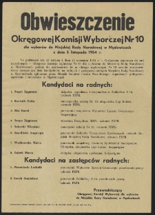 Obwieszczenie Okręgowej Komisji Wyborczej Nr 10 dla wyborów do Miejskiej Rady Narodowej w Mysłowicach z dnia 5 listopada 1954 r.