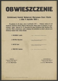 Obwieszczenie Dzielnicowej Komisji Wyborczej Warszawa-Stare Miasto z dnia 4 stycznia 1958 r.