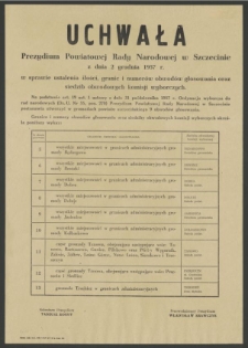Uchwała Prezydium Powiatowej Rady Narodowej w Szczecinie z dnia 2 grudnia 1957 r. w sprawie ustalenia ilości, granic i numerów obwodów głosowania oraz siedzib obwodowych komisji wyborczych.