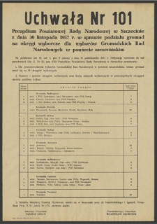 Uchwała Nr 101 Prezydium Powiatowej Rady Narodowej w Szczecinie z dnia 30 listopada 1957 r. w sprawie podziału gromad na okręgi wyborcze dla wyborów Gromadzkich Rad Narodowych w powiecie szczecińskim.