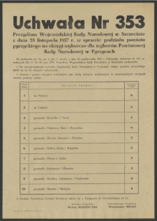 Uchwała Nr 353 Prezydium Wojewódzkiej Rady Narodowej w Szczecinie z dnia 28 listopada 1957 r. w sprawie podziału powiatu pyrzyckiego na okręgi wyborcze dla wyborów Powiatowej Rady Narodowej w Pyrzycach.