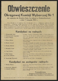 Obwieszczenie Okręgowej Komisji Wyborczej Nr 1 dla wyborów do Miejskiej Rady Narodowej w Świętochłowicach z dnia 7 listopada 1954 r.