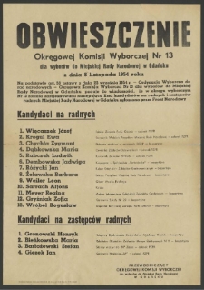 Obwieszczenie Okręgowej Komisji Wyborczej Nr 13 dla wyborów do Miejskiej Rady Narodowej w Gdańsku z dnia 8 listopada 1954 roku.