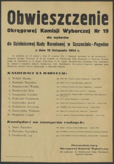 Obwieszczenie Okręgowej Komisji Wyborczej Nr 19 dla wyborów do Dzielnicowej Rady Narodowej w Szczecinie-Pogodno z dnia 15 listopada 1954 r.