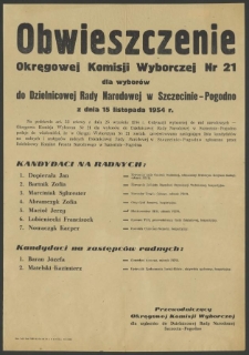 Obwieszczenie Okręgowej Komisji Wyborczej Nr 21 dla wyborów do Dzielnicowej Rady Narodowej w Szczecinie-Pogodno z dnia 15 listopada 1954 r.