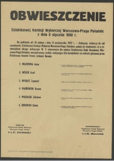 Obwieszczenie Dzielnicowej Komisji Wyborczej Warszawa-Praga Południe z dnia 8 stycznia 1958 r.