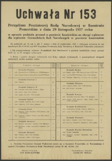 Uchwała Nr 153 Prezydium Powiatowej Rady Narodowej w Kamieniu Pomorskim z dnia 29 listopada 1957 r. w sprawie podziału gromad w powiecie kamieńskim na okręgi wyborcze dla wyborów Gromadzkich Rad Narodowych w powiecie kamieńskim.