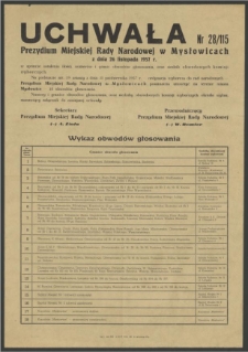 Uchwała nr 28/115 Prezydium Miejskiej Rady Narodowej w Mysłowicach z dnia 26 listopada 1957 r. w sprawie ustalenia ilości, numerów i granic obwodów głosowania oraz siedzib obwodowych komisji wyborczych.