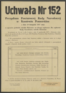 Uchwała Nr 152 Prezydium Powiatowej Rady Narodowej w Kamieniu Pomorskim z dnia 29 listopada 1957 r. w sprawie podziału osiedla Dziwnów na okręgi wyborcze dla wyborów Rady Narodowej osiedla Dziwnów.