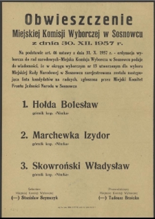 Obwieszczenie Miejskiej Komisji Wyborczej w Sosnowcu z dnia 30. XII. 1957 r.