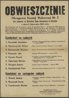 Obwieszczenie Okręgowej Komisji Wyborczej Nr 2 dla wyborów do Miejskiej Rady Narodowej w Gdańsku z dnia 8 listopada 1954 roku.