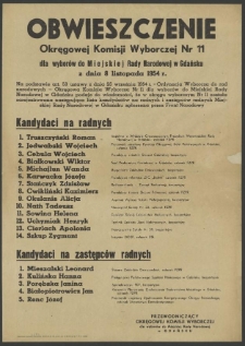 Obwieszczenie Okręgowej Komisji Wyborczej Nr 11 dla wyborów do Miejskiej Rady Narodowej w Gdańsku z dnia 8 listopada 1954 roku.