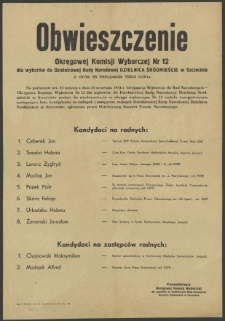 Obwieszczenie Okręgowej Komisji Wyborczej Nr 12 dla wyborów do Dzielnicowej Rady Narodowej Dzielnica Śródmieście w Szczecinie z dnia 16 listopada 1954 roku.